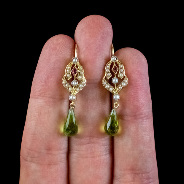 Antique Edwardian Suffragette Drop Earrings Garnet Pearl Peridot 18ct Gold Circa 1910