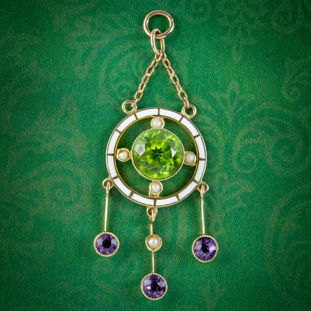 Antique Edwardian Suffragette Pendant 9ct Gold Amethyst Peridot Pearl Circa 1910