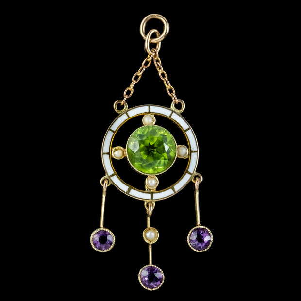 Antique Edwardian Suffragette Pendant 9ct Gold Amethyst Peridot Pearl Circa 1910