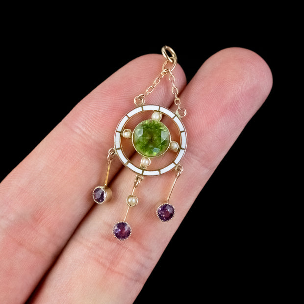 Antique Edwardian Suffragette Pendant 9ct Gold Amethyst Peridot Pearl Circa 1910