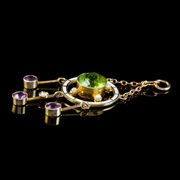 Antique Edwardian Suffragette Pendant 9ct Gold Amethyst Peridot Pearl Circa 1910