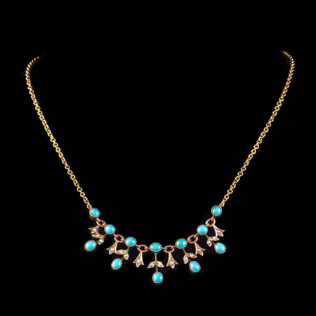 Antique Edwardian Turquoise Pearl Garland Necklace 9ct Gold Circa 1905