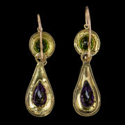 ANTIQUE FRENCH SUFFRAGETTE DROP EARRINGS PERIDOT AMETHYST DIAMOND 15CT GOLD CIRCA 1920 BACK