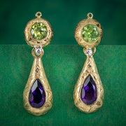 ANTIQUE FRENCH SUFFRAGETTE DROP EARRINGS PERIDOT AMETHYST DIAMOND 15CT GOLD CIRCA 1920 COVER