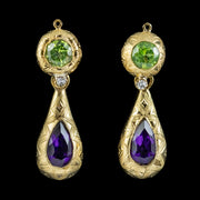 ANTIQUE FRENCH SUFFRAGETTE DROP EARRINGS PERIDOT AMETHYST DIAMOND 15CT GOLD CIRCA 1920 FRONT