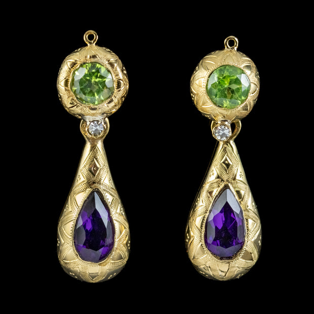 ANTIQUE FRENCH SUFFRAGETTE DROP EARRINGS PERIDOT AMETHYST DIAMOND 15CT GOLD CIRCA 1920 FRONT