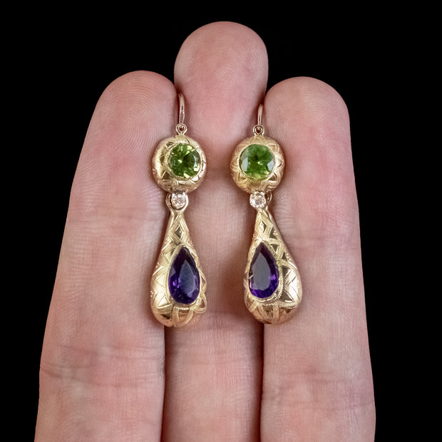 ANTIQUE FRENCH SUFFRAGETTE DROP EARRINGS PERIDOT AMETHYST DIAMOND 15CT GOLD CIRCA 1920 HAND
