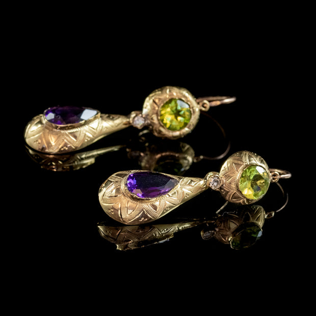 ANTIQUE FRENCH SUFFRAGETTE DROP EARRINGS PERIDOT AMETHYST DIAMOND 15CT GOLD CIRCA 1920 SIDE