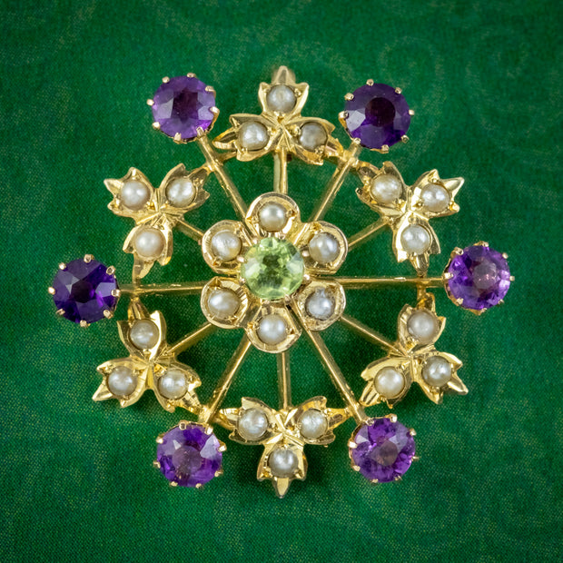Antique Edwardian Suffragette Floral Pendant 9ct Gold Amethyst Peridot Pearl Circa 1910