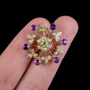 Antique Edwardian Suffragette Floral Pendant 9ct Gold Amethyst Peridot Pearl Circa 1910