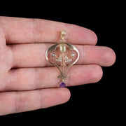 Antique Suffragette Floral Pendant 9ct Gold Amethyst Peridot Pearl Circa 1910