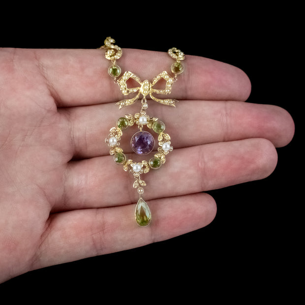 Antique Suffragette Floral Pendant Lavaliere Necklace 18ct Gold Circa 1910