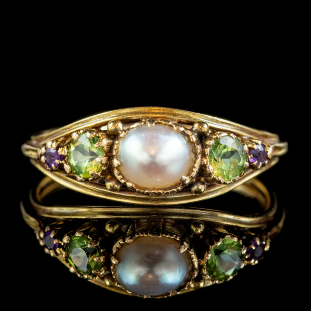 ANTIQUE SUFFRAGETTE RING PEARL AMETHYST PERIDOT 18CT GOLD LOCKET BACK CIRCA 1910 FRONT