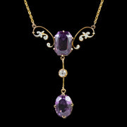 Antique Victorian Amethyst Diamond Lavaliere Necklace 9Ct Gold Circa 1900