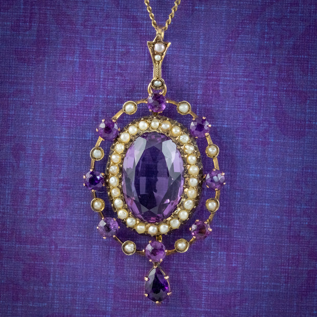 Antique Victorian Amethyst Pearl Pendant Necklace 9ct Gold 12ct Amethyst Circa 1900