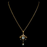 Antique Victorian Art Nouveau Aquamarine Pearl Pendant Necklace 9ct Gold Circa 1900