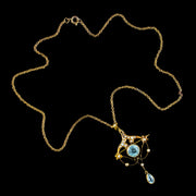 Antique Victorian Art Nouveau Aquamarine Pearl Pendant Necklace 9ct Gold Circa 1900