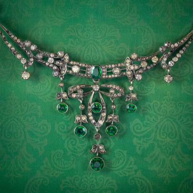 Antique Victorian Art Nouveau Green Paste Garland Necklace Silver Circa 1900