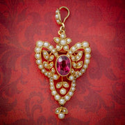 Antique Victorian Art Nouveau Pink Quartz Pearl Pendant Brooch 15ct Gold Circa 1900