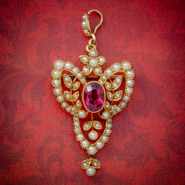 Antique Victorian Art Nouveau Pink Quartz Pearl Pendant Brooch 15ct Gold Circa 1900
