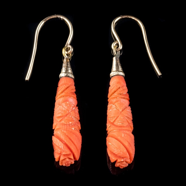 Antique Victorian Coral Drop Earrings 15ct Gold Circa 1900