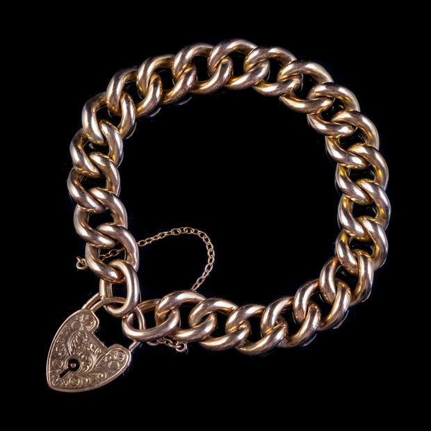 Antique Victorian Curb Bracelet 9ct Gold With Heart Padlock Circa 1880