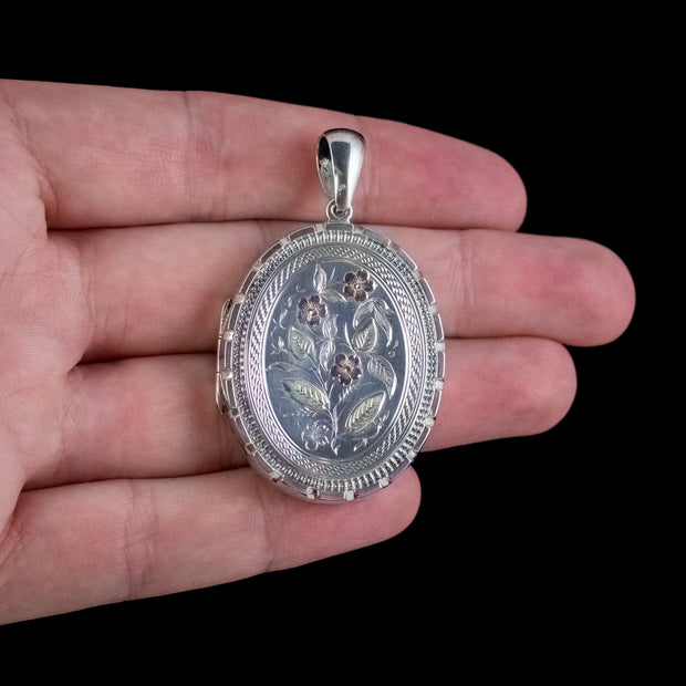 ANTIQUE VICTORIAN FORGET ME NOT LOCKET STERLING SILVER GOLD DATED 1883 hand