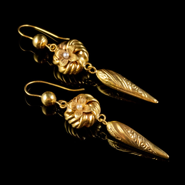 Antique Victorian Lovers Knot Pearl Earrings 15ct Gold Circa 1880