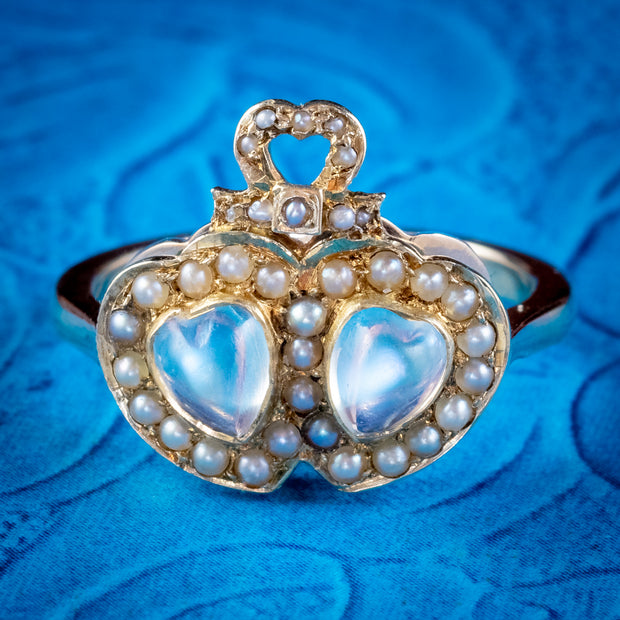Antique Victorian Moonstone Pearl Double Lovers Heart Ring 9ct Gold