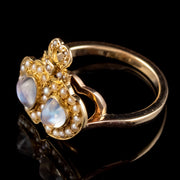 Antique Victorian Moonstone Pearl Double Lovers Heart Ring 9ct Gold