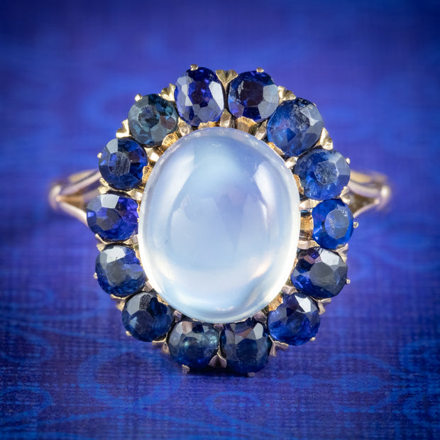ANTIQUE VICTORIAN MOONSTONE SAPPHIRE CLUSTER RING 9CT GOLD CIRCA 1900 cover