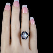 ANTIQUE VICTORIAN MOONSTONE SAPPHIRE CLUSTER RING 9CT GOLD CIRCA 1900 hand