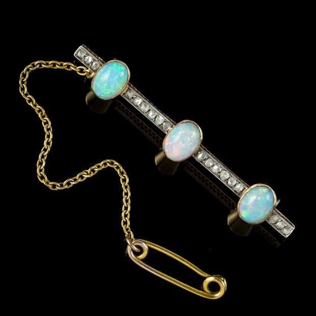 Antique Victorian Opal Diamond Bar Brooch 18ct Gold Silver 4.5ct Of Opal Circa 1900 front