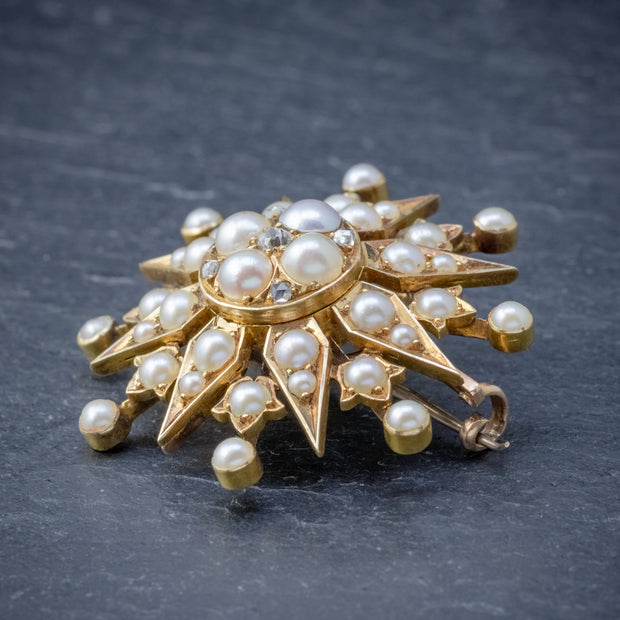 Antique Victorian Pearl Diamond Star Brooch 18ct Gold Circa 1900