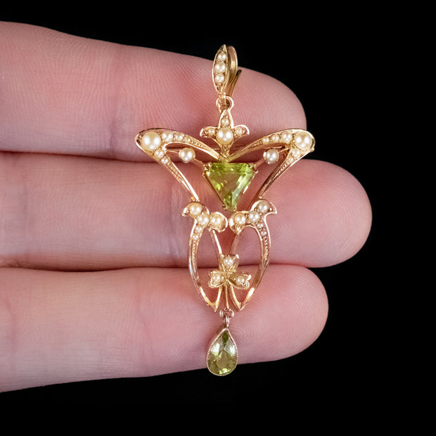 Antique Victorian Peridot Pearl Pendant Brooch 15ct Gold Circa 1900