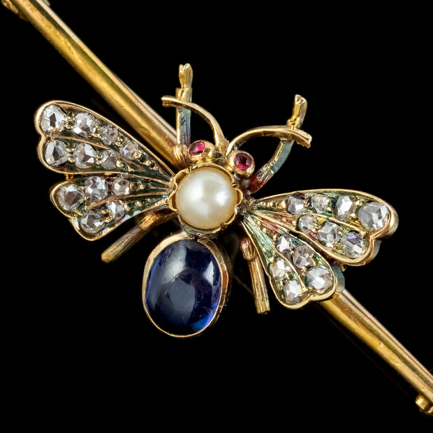 Antique Victorian Sapphire Diamond Pearl Bee Brooch 18ct Gold Circa 1900