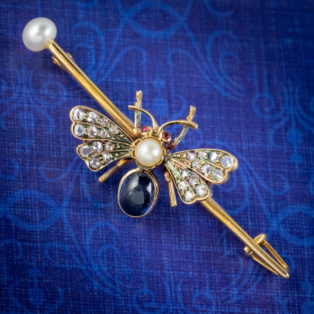 Antique Victorian Sapphire Diamond Pearl Bee Brooch 18ct Gold Circa 1900