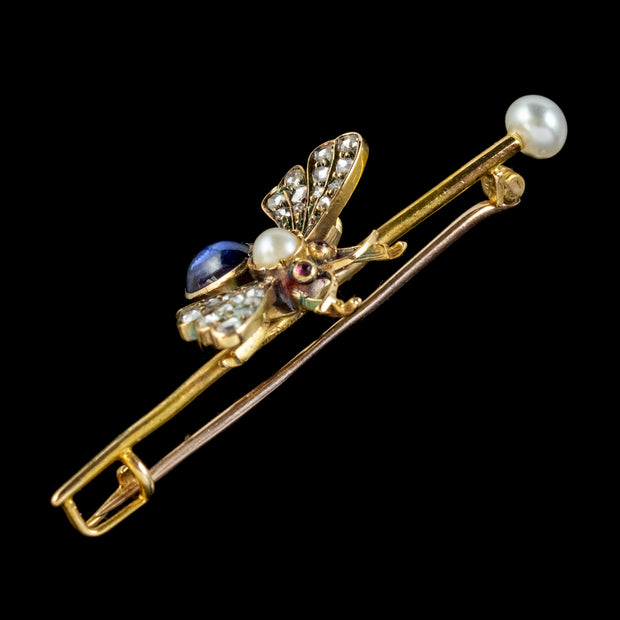 Antique Victorian Sapphire Diamond Pearl Bee Brooch 18ct Gold Circa 1900