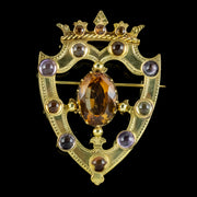 ANTIQUE VICTORIAN SCOTTISH CAIRNGORM SHIELD BROOCH SILVER 18CT GOLD GILT DATED 1862 FRONT