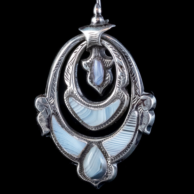 Antique Victorian Scottish Montrose Agate Earrings Silver Circa 1860
