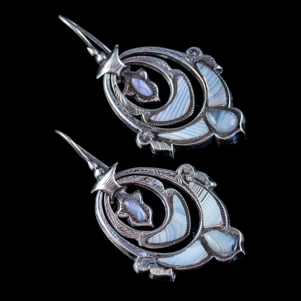 Antique Victorian Scottish Montrose Agate Earrings Silver Circa 1860