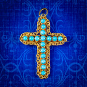 Antique Victorian Turquoise Cannetille Cross Pendant Brooch 18ct Gold Circa 1860