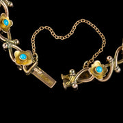 Antique Victorian Turquoise Heart Forget Me Not Bracelet 9ct Gold With Box Circa 1880