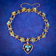 Antique Victorian Turquoise Heart Forget Me Not Bracelet 9ct Gold With Box Circa 1880