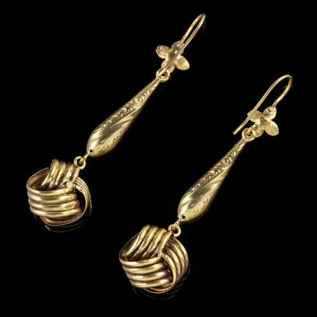 Antique 15Ct Gold Victorian Gold Drop Lovers Knot Pearl Earrings Circa 1880
