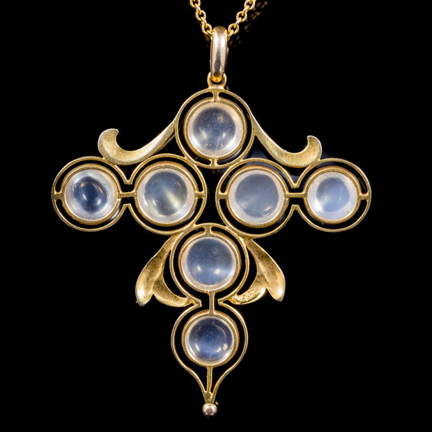 Antique Arts And Crafts Moonstone Cross Pendant Necklace 9Ct Gold Circa 1900