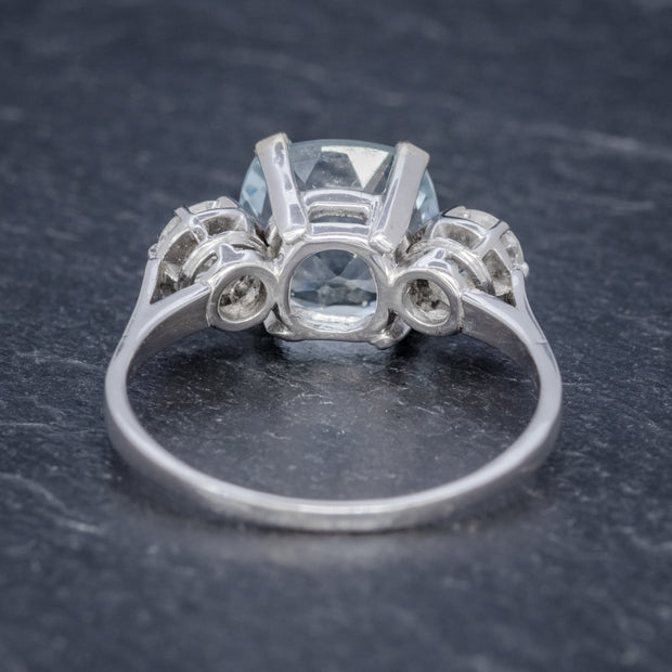 Antique Art Deco Aquamarine Diamond Trilogy Ring 18Ct White Gold Circa 1920