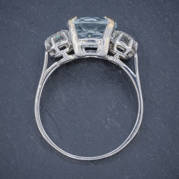 Antique Art Deco Aquamarine Diamond Trilogy Ring 18Ct White Gold Circa 1920