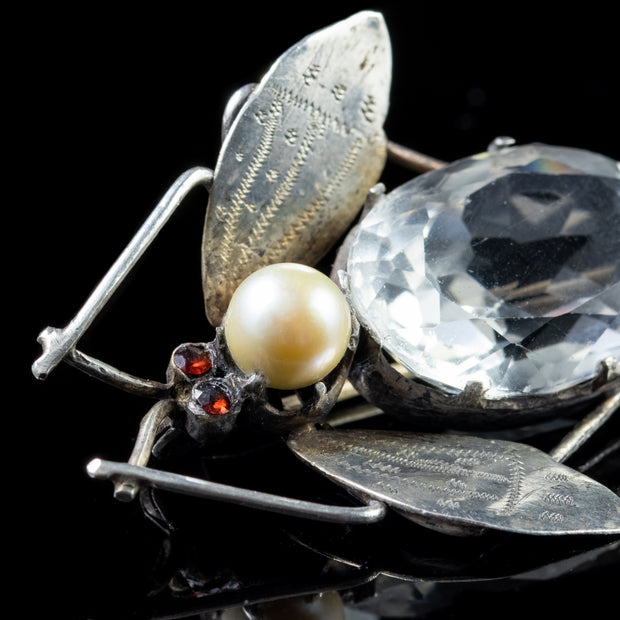 Antique Art Deco Rock Crystal Garnet Insect Brooch Silver Circa 1920