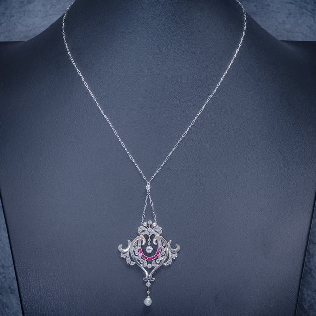 Antique Diamond Ruby Pearl Pendant Necklace Platinum 18Ct Gold Circa 1915 Boxed